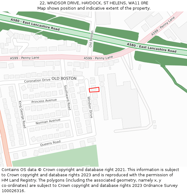 22, WINDSOR DRIVE, HAYDOCK, ST HELENS, WA11 0RE: Location map and indicative extent of plot