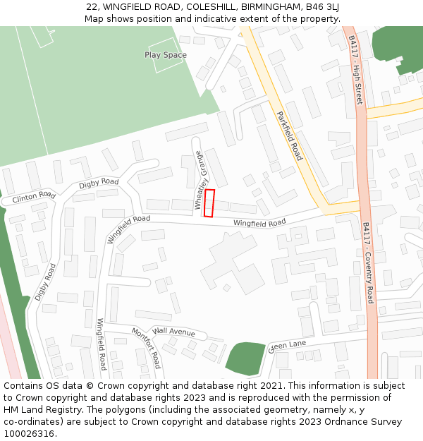 22, WINGFIELD ROAD, COLESHILL, BIRMINGHAM, B46 3LJ: Location map and indicative extent of plot