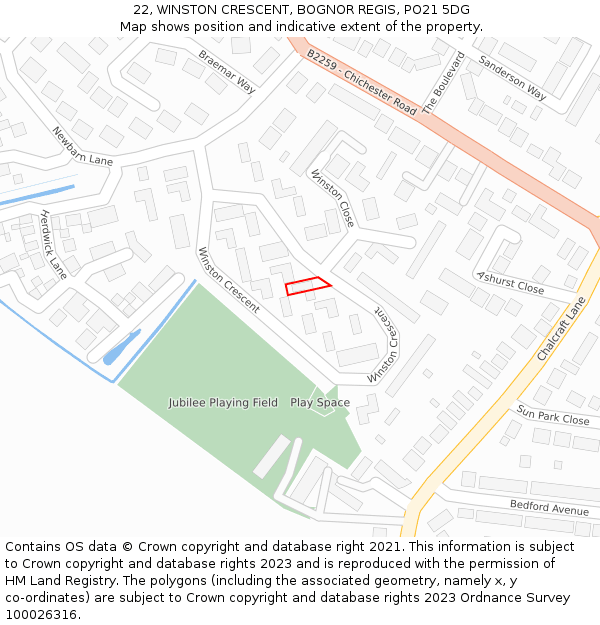 22, WINSTON CRESCENT, BOGNOR REGIS, PO21 5DG: Location map and indicative extent of plot