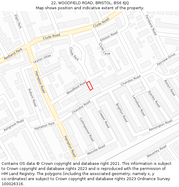 22, WOODFIELD ROAD, BRISTOL, BS6 6JQ: Location map and indicative extent of plot