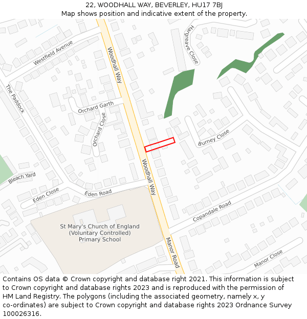 22, WOODHALL WAY, BEVERLEY, HU17 7BJ: Location map and indicative extent of plot