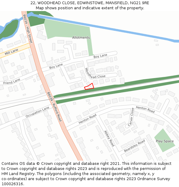 22, WOODHEAD CLOSE, EDWINSTOWE, MANSFIELD, NG21 9RE: Location map and indicative extent of plot