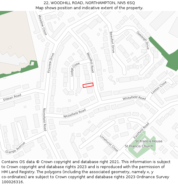 22, WOODHILL ROAD, NORTHAMPTON, NN5 6SQ: Location map and indicative extent of plot