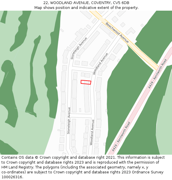 22, WOODLAND AVENUE, COVENTRY, CV5 6DB: Location map and indicative extent of plot