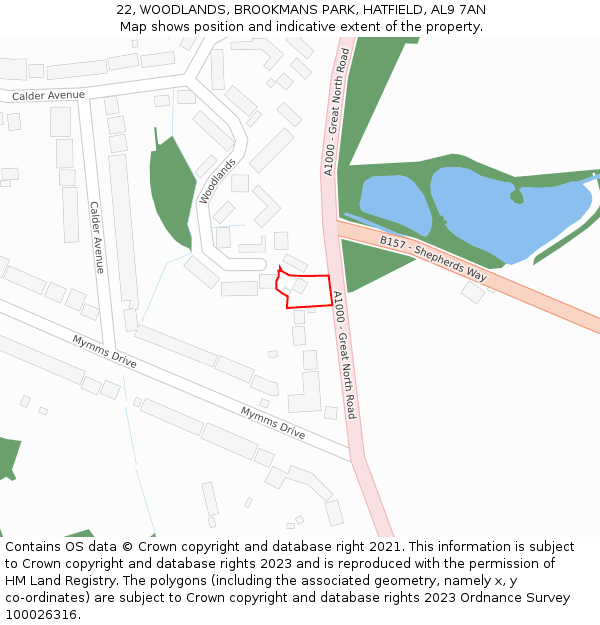 22, WOODLANDS, BROOKMANS PARK, HATFIELD, AL9 7AN: Location map and indicative extent of plot