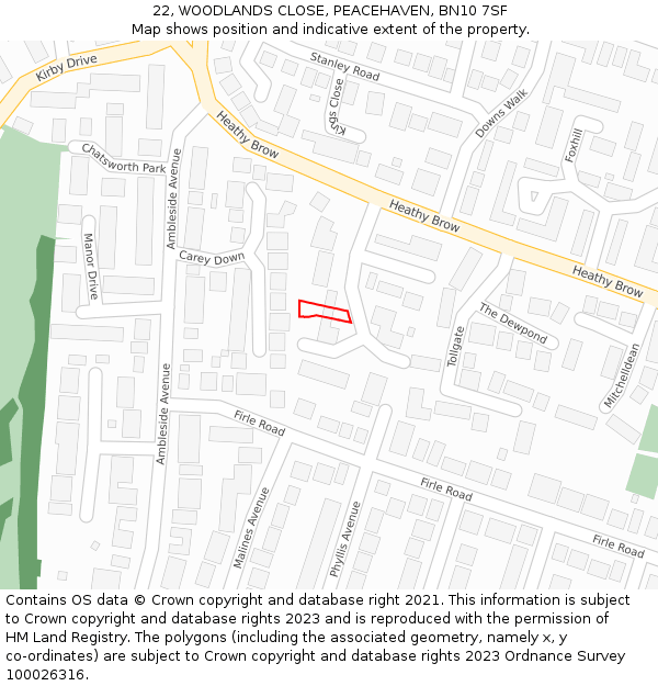 22, WOODLANDS CLOSE, PEACEHAVEN, BN10 7SF: Location map and indicative extent of plot