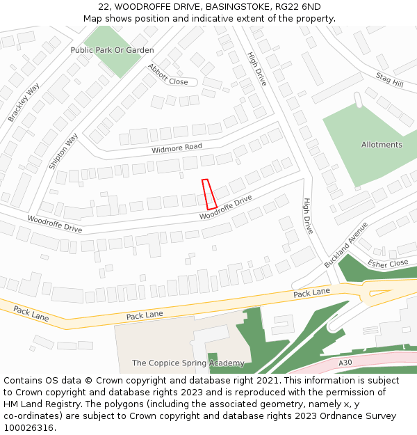 22, WOODROFFE DRIVE, BASINGSTOKE, RG22 6ND: Location map and indicative extent of plot