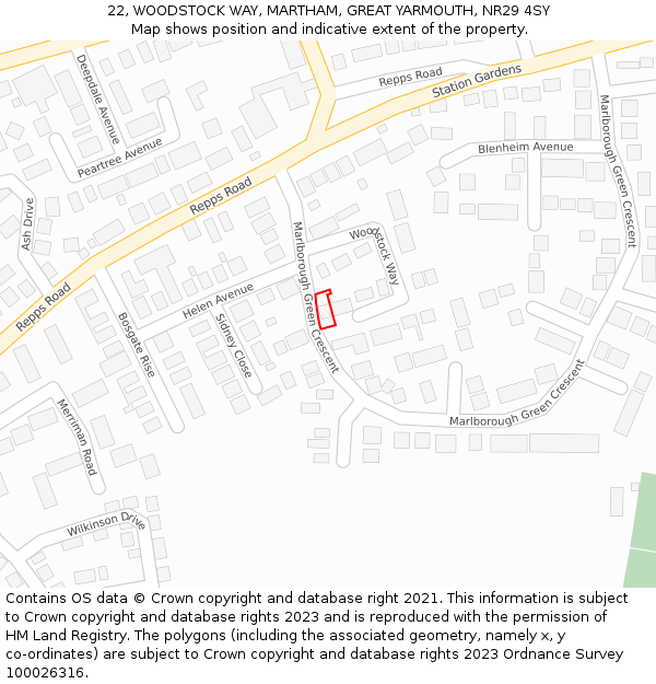 22, WOODSTOCK WAY, MARTHAM, GREAT YARMOUTH, NR29 4SY: Location map and indicative extent of plot