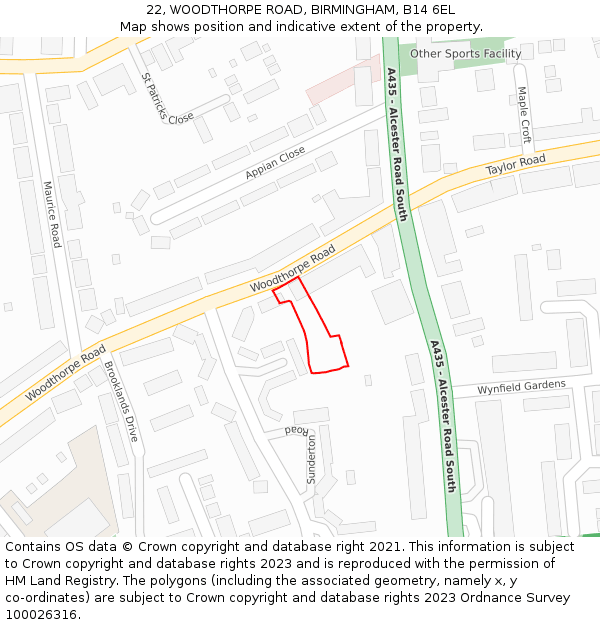 22, WOODTHORPE ROAD, BIRMINGHAM, B14 6EL: Location map and indicative extent of plot