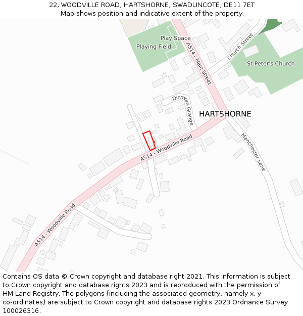 22, WOODVILLE ROAD, HARTSHORNE, SWADLINCOTE, DE11 7ET: Location map and indicative extent of plot