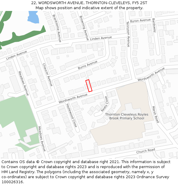22, WORDSWORTH AVENUE, THORNTON-CLEVELEYS, FY5 2ST: Location map and indicative extent of plot