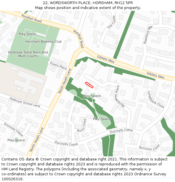 22, WORDSWORTH PLACE, HORSHAM, RH12 5PR: Location map and indicative extent of plot