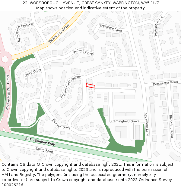 22, WORSBOROUGH AVENUE, GREAT SANKEY, WARRINGTON, WA5 1UZ: Location map and indicative extent of plot