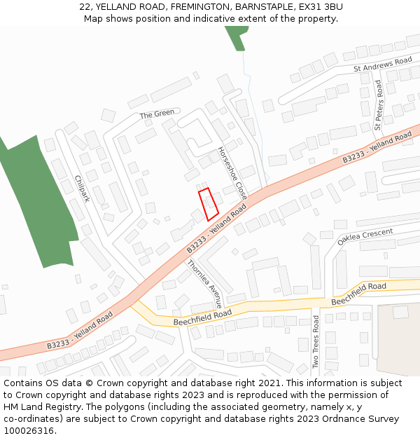 22, YELLAND ROAD, FREMINGTON, BARNSTAPLE, EX31 3BU: Location map and indicative extent of plot