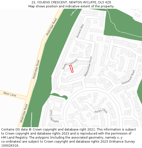 22, YOUENS CRESCENT, NEWTON AYCLIFFE, DL5 4ZE: Location map and indicative extent of plot