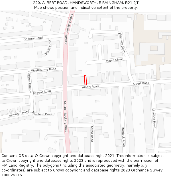 220, ALBERT ROAD, HANDSWORTH, BIRMINGHAM, B21 9JT: Location map and indicative extent of plot