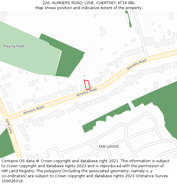 220, ALMNERS ROAD, LYNE, CHERTSEY, KT16 0BL: Location map and indicative extent of plot