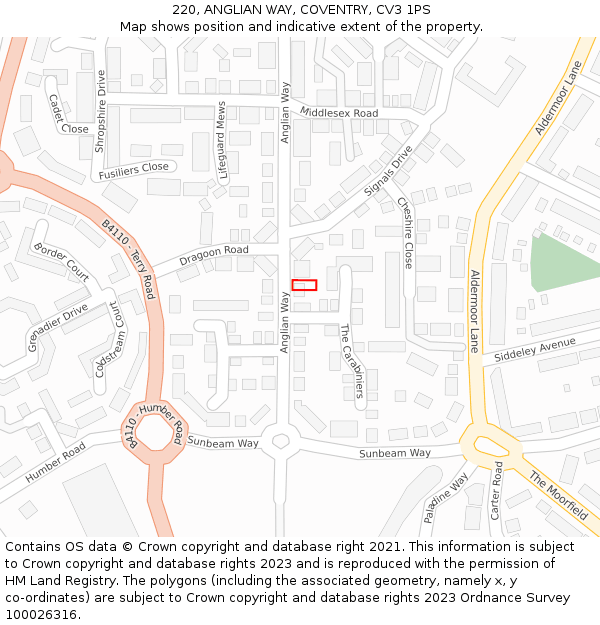 220, ANGLIAN WAY, COVENTRY, CV3 1PS: Location map and indicative extent of plot