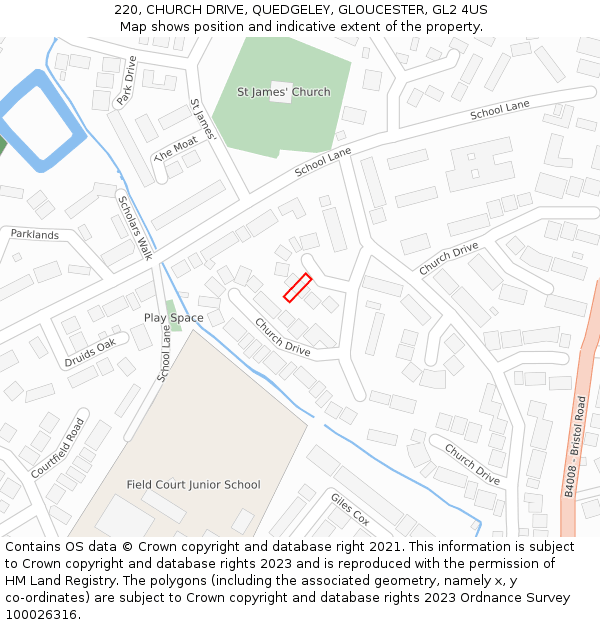 220, CHURCH DRIVE, QUEDGELEY, GLOUCESTER, GL2 4US: Location map and indicative extent of plot