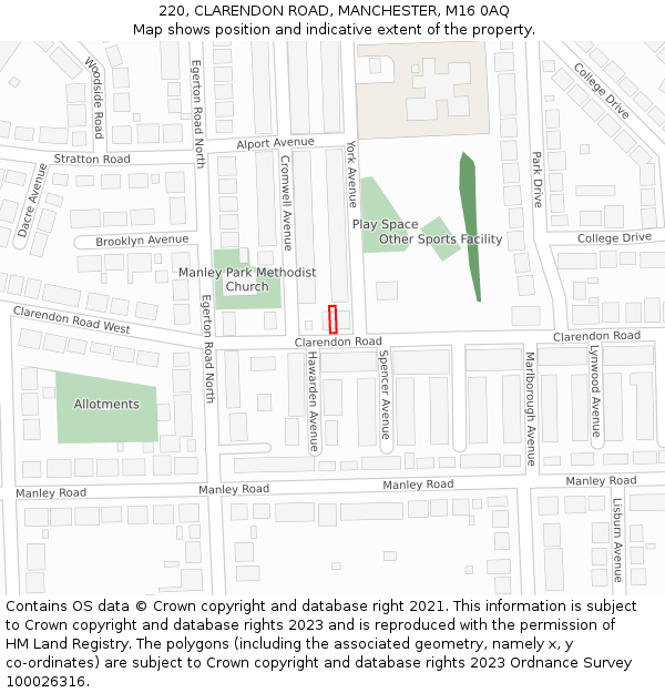 220, CLARENDON ROAD, MANCHESTER, M16 0AQ: Location map and indicative extent of plot
