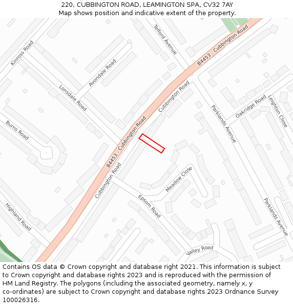 220, CUBBINGTON ROAD, LEAMINGTON SPA, CV32 7AY: Location map and indicative extent of plot