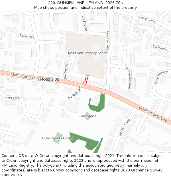 220, DUNKIRK LANE, LEYLAND, PR26 7SN: Location map and indicative extent of plot