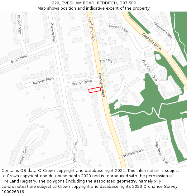 220, EVESHAM ROAD, REDDITCH, B97 5EP: Location map and indicative extent of plot