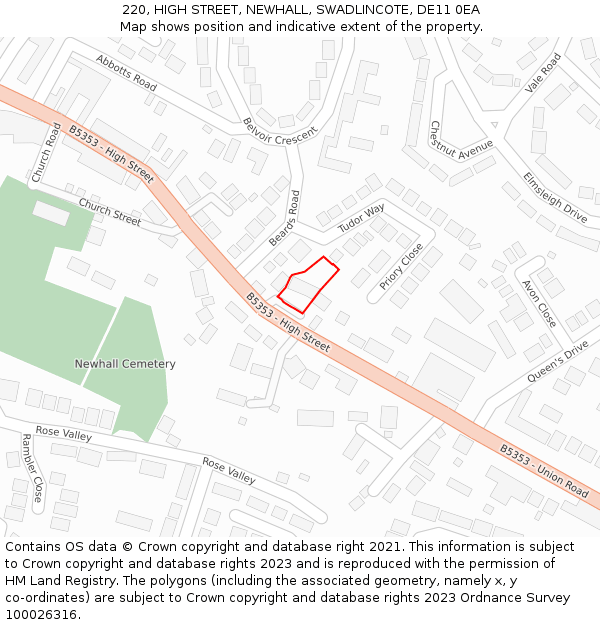 220, HIGH STREET, NEWHALL, SWADLINCOTE, DE11 0EA: Location map and indicative extent of plot