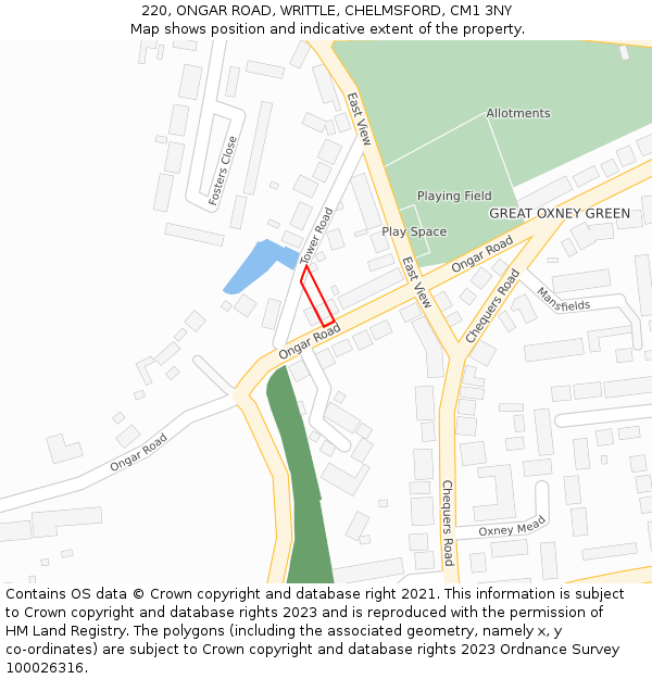 220, ONGAR ROAD, WRITTLE, CHELMSFORD, CM1 3NY: Location map and indicative extent of plot