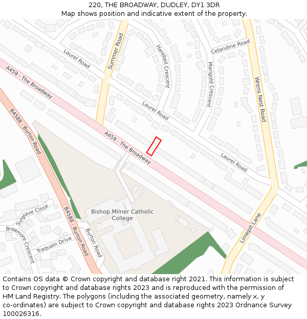 220, THE BROADWAY, DUDLEY, DY1 3DR: Location map and indicative extent of plot