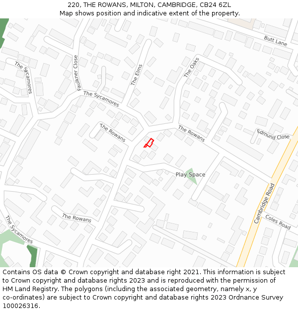 220, THE ROWANS, MILTON, CAMBRIDGE, CB24 6ZL: Location map and indicative extent of plot