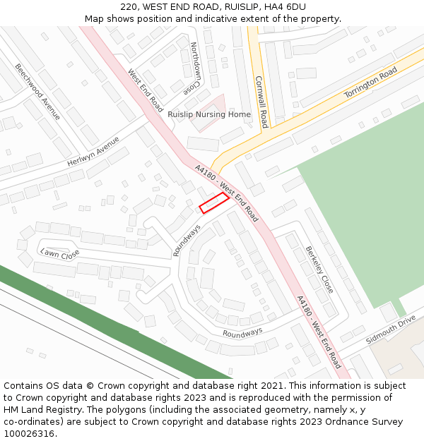 220, WEST END ROAD, RUISLIP, HA4 6DU: Location map and indicative extent of plot