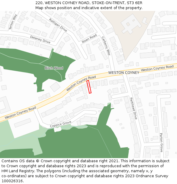 220, WESTON COYNEY ROAD, STOKE-ON-TRENT, ST3 6ER: Location map and indicative extent of plot