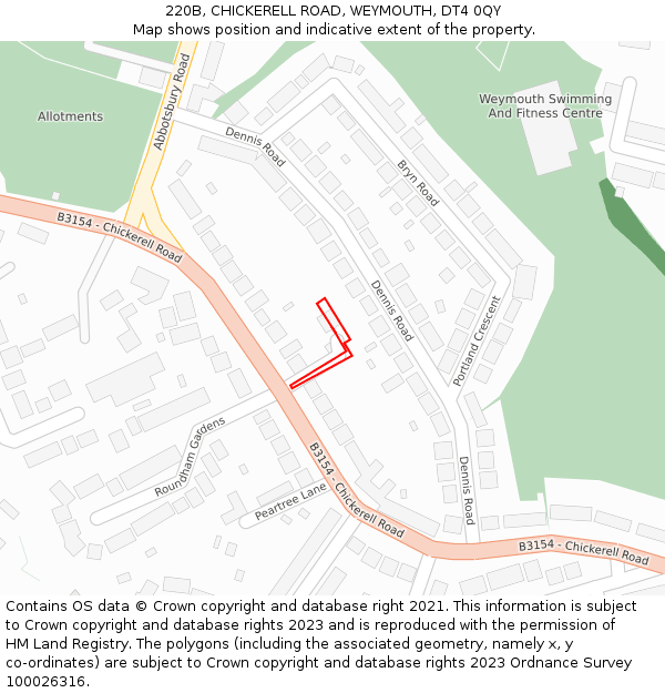 220B, CHICKERELL ROAD, WEYMOUTH, DT4 0QY: Location map and indicative extent of plot