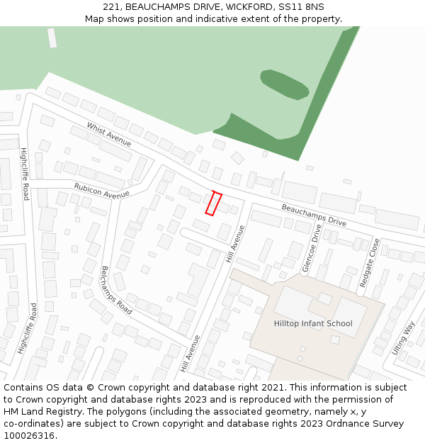 221, BEAUCHAMPS DRIVE, WICKFORD, SS11 8NS: Location map and indicative extent of plot