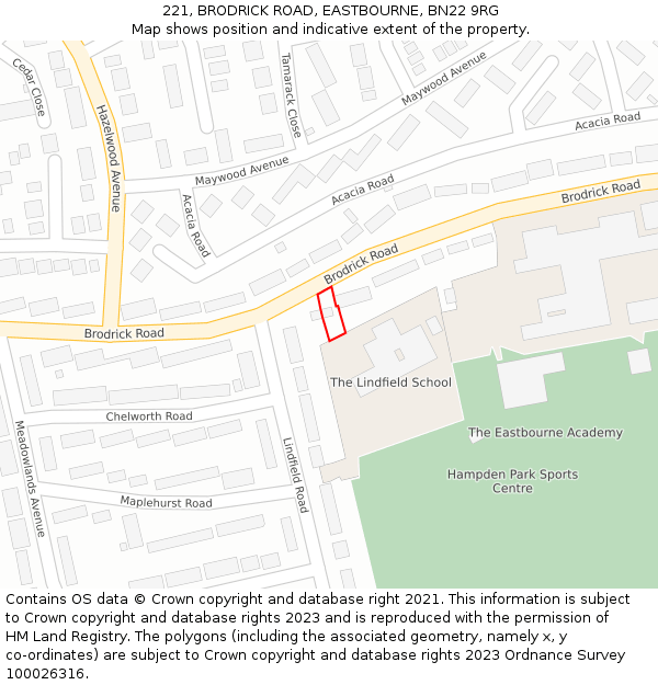 221, BRODRICK ROAD, EASTBOURNE, BN22 9RG: Location map and indicative extent of plot