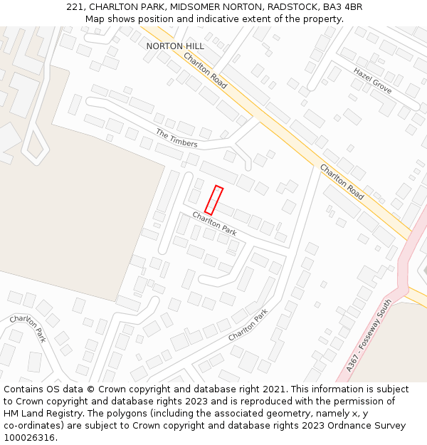 221, CHARLTON PARK, MIDSOMER NORTON, RADSTOCK, BA3 4BR: Location map and indicative extent of plot