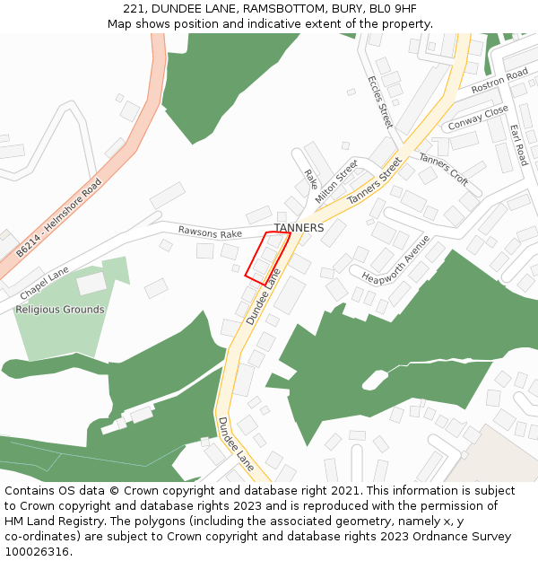 221, DUNDEE LANE, RAMSBOTTOM, BURY, BL0 9HF: Location map and indicative extent of plot