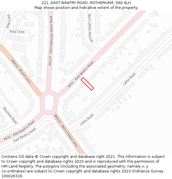 221, EAST BAWTRY ROAD, ROTHERHAM, S60 4LH: Location map and indicative extent of plot
