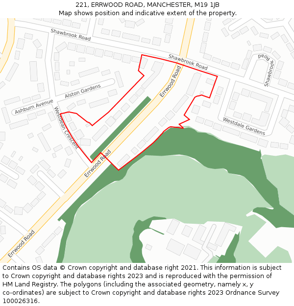 221, ERRWOOD ROAD, MANCHESTER, M19 1JB: Location map and indicative extent of plot