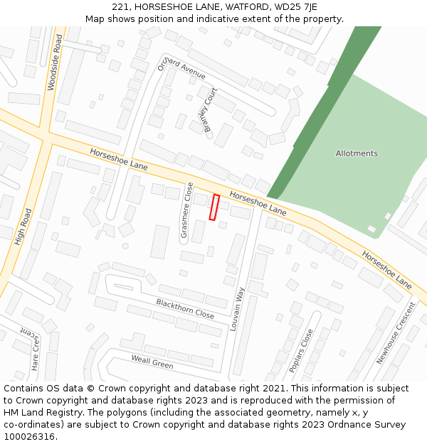 221, HORSESHOE LANE, WATFORD, WD25 7JE: Location map and indicative extent of plot