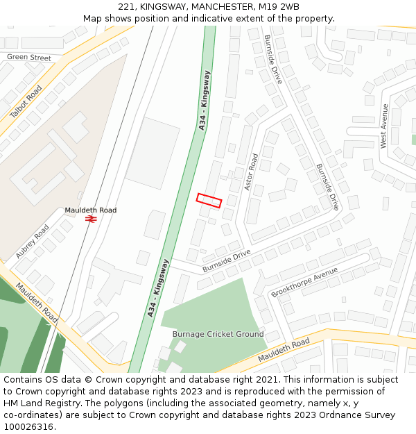 221, KINGSWAY, MANCHESTER, M19 2WB: Location map and indicative extent of plot