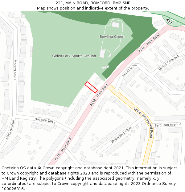 221, MAIN ROAD, ROMFORD, RM2 6NP: Location map and indicative extent of plot