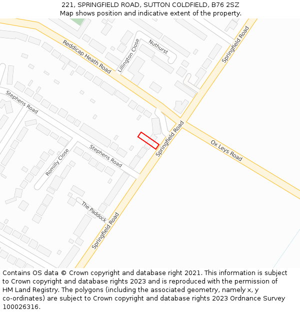 221, SPRINGFIELD ROAD, SUTTON COLDFIELD, B76 2SZ: Location map and indicative extent of plot