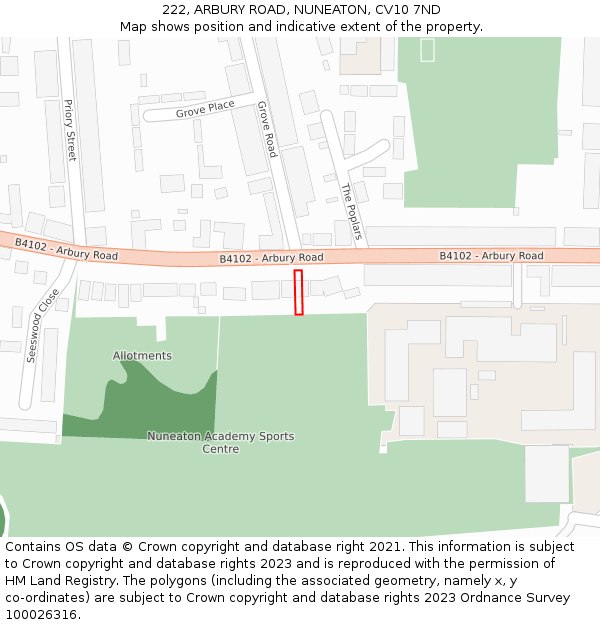 222, ARBURY ROAD, NUNEATON, CV10 7ND: Location map and indicative extent of plot