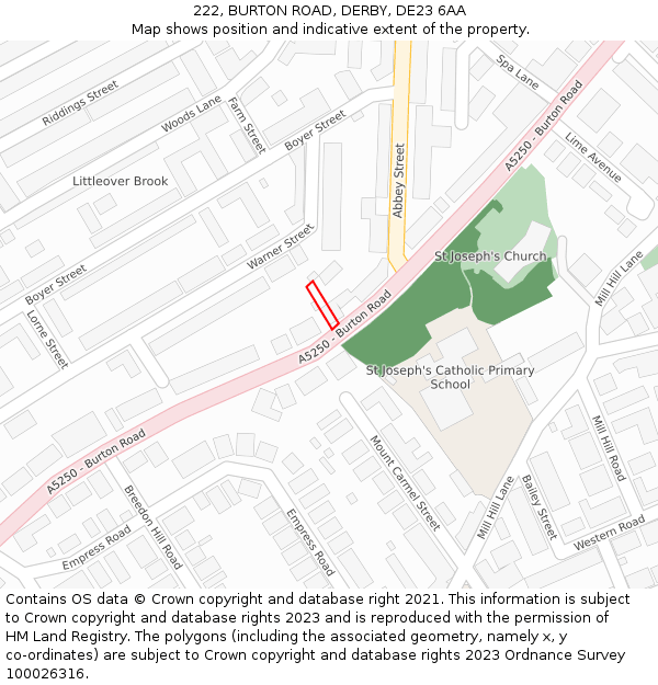 222, BURTON ROAD, DERBY, DE23 6AA: Location map and indicative extent of plot