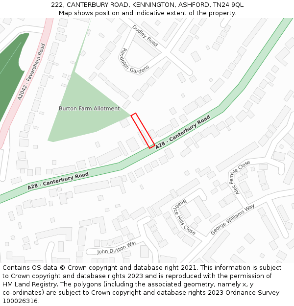 222, CANTERBURY ROAD, KENNINGTON, ASHFORD, TN24 9QL: Location map and indicative extent of plot