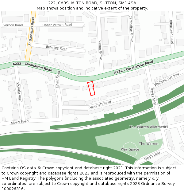 222, CARSHALTON ROAD, SUTTON, SM1 4SA: Location map and indicative extent of plot