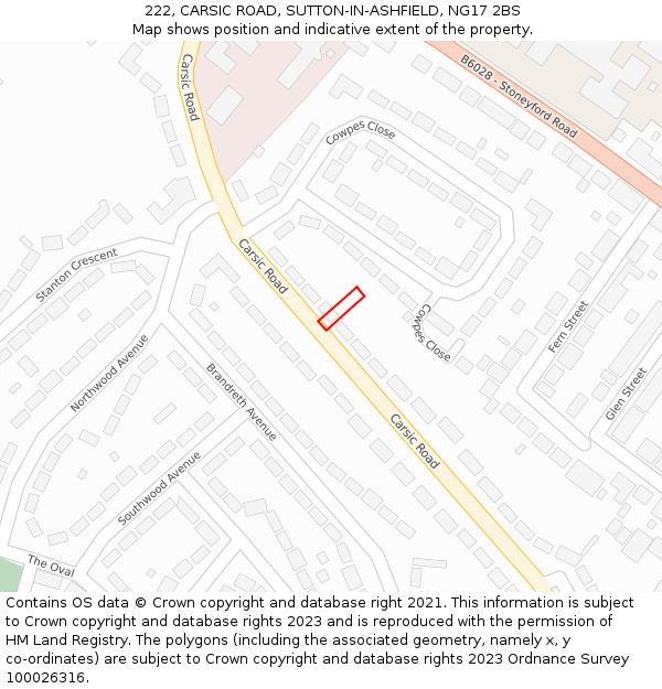 222, CARSIC ROAD, SUTTON-IN-ASHFIELD, NG17 2BS: Location map and indicative extent of plot