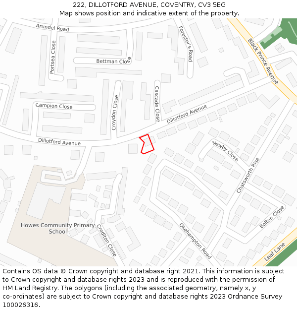 222, DILLOTFORD AVENUE, COVENTRY, CV3 5EG: Location map and indicative extent of plot